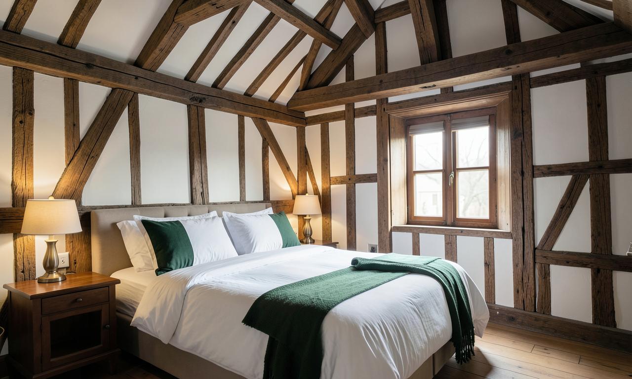 Schlafzimmer mit sichtbaren Holzbalken