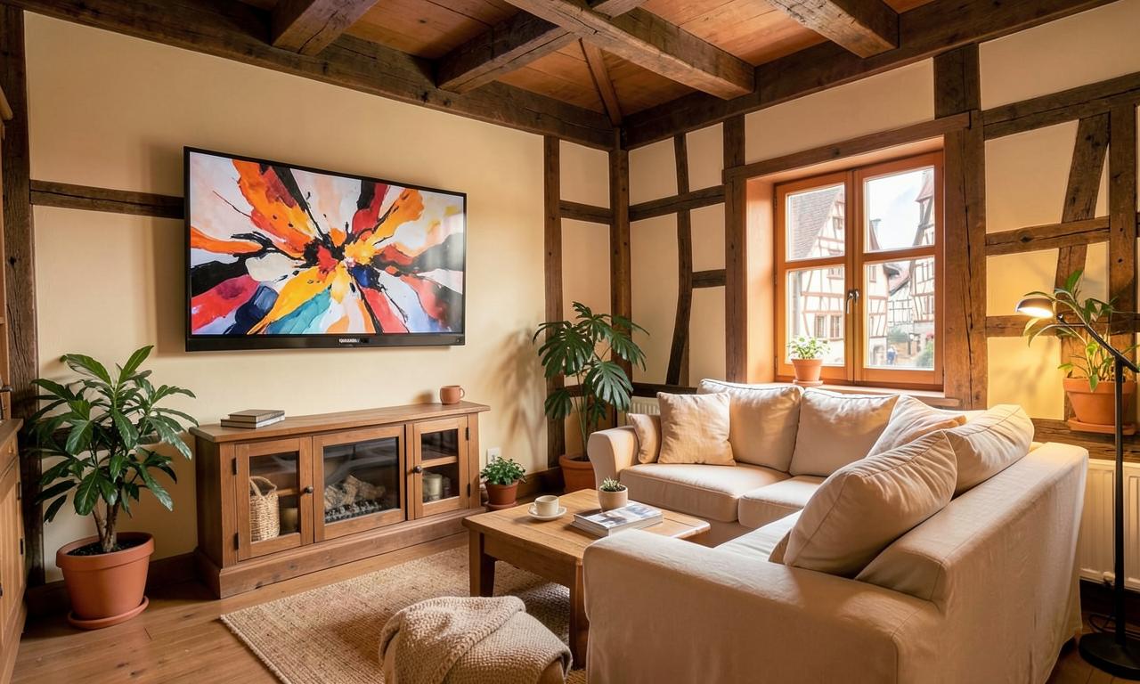 Wohnzimmer mit Fachwerk und Frame-TV